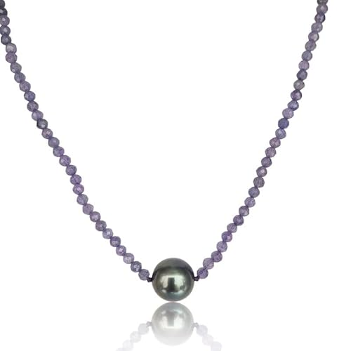 PERORNO Tahiti-Perlenkette, 11 mm, mit Tansaniten, 3 mm, Verschluss aus 18-karätigem Gelbgold, 45 cm von PERORNO