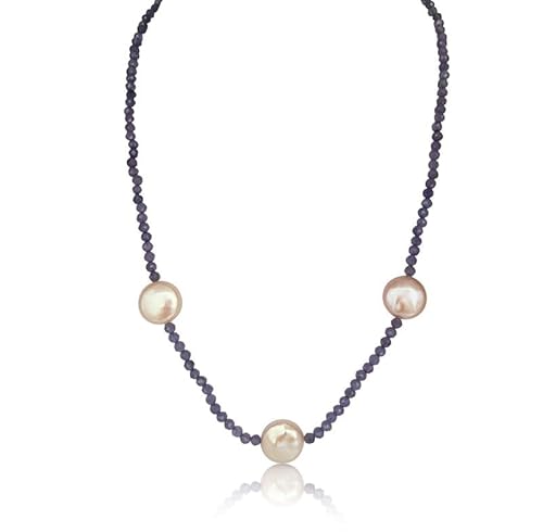 PERORNO Tansanit-Halskette, 3 mm, rund, geschnitzt mit Zuchtperlen, Verschluss aus 18-karätigem Gold, 40 cm, für Damen PERORNO Tansanit-Halskette, 3 mm, rund, geschnitzt mit Zuchtperlen, Verschluss aus 18-karätigem Gold, 40 cm, für Damen von PERORNO