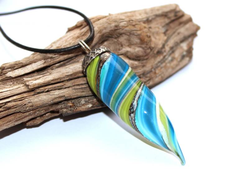 Glasanhänger "Spike Blau-Grün", Zapfen, Stachel, Dorn; Aus Muranoglas Mit Versilberter Balibead-Kappe, Lederband, Handgefertigt Von Persico von PERSICO