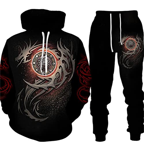 PERSIMONE Herren-Trainingsanzug-Set Viking Dragon 3D-Gedruckter Hoodie und Jogger-Hosenanzug, zweiteiliges Set, Hip Hop, lässiges Kapuzen-Sweatshirt-Set von PERSIMONE