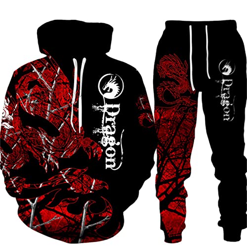 PERSIMONE Herren-Trainingsanzug-Set Viking Dragon 3D-Gedruckter Hoodie und Jogger-Hosenanzug, zweiteiliges Set, Hip Hop, lässiges Kapuzen-Sweatshirt-Set von PERSIMONE