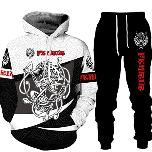 PERSIMONE Herren-Trainingsanzug-Set Viking Dragon 3D-Gedruckter Hoodie und Jogger-Hosenanzug, zweiteiliges Set, Hip Hop, lässiges Kapuzen-Sweatshirt-Set von PERSIMONE