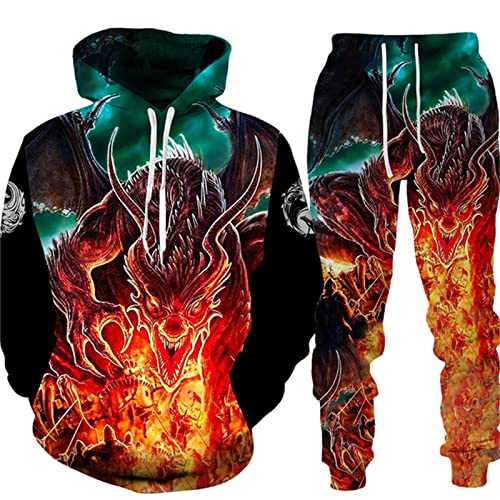 PERSIMONE Herren-Trainingsanzug-Set Viking Dragon 3D-Gedruckter Hoodie und Jogger-Hosenanzug, zweiteiliges Set, Hip Hop, lässiges Kapuzen-Sweatshirt-Set von PERSIMONE