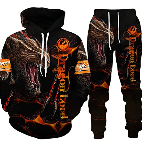 PERSIMONE Herren-Trainingsanzug-Set Viking Dragon 3D-Gedruckter Hoodie und Jogger-Hosenanzug, zweiteiliges Set, Hip Hop, lässiges Kapuzen-Sweatshirt-Set von PERSIMONE