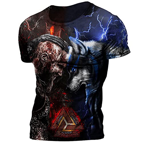 PERSIMONE Herren Wikinger T-Shirt Retro Casual Viking Odin 3D Digitaldruck Rundhals Kurzarm Tops Gym Workout T-Shirts von PERSIMONE