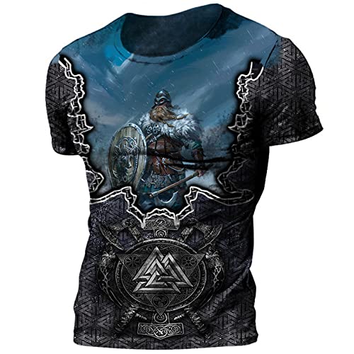 PERSIMONE Herren Wikinger T-Shirt Retro Casual Viking Odin 3D Digitaldruck Rundhals Kurzarm Tops Gym Workout T-Shirts von PERSIMONE