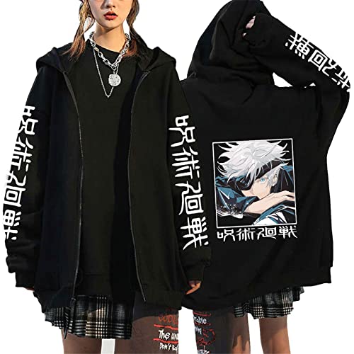 PERSIMONE Japanischer Anime Jujutsu Kaisen Zip Up Hoodie Cartoon Gojo Satoru Grafik Bedruckt Streetwear Harajuku Unisex Reißverschluss Sweatshirt Jacke von PERSIMONE