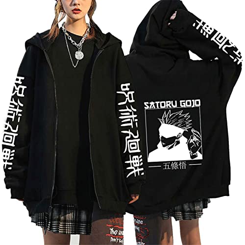 PERSIMONE Japanischer Anime Jujutsu Kaisen Zip Up Hoodie Cartoon Gojo Satoru Grafik Bedruckt Streetwear Harajuku Unisex Reißverschluss Sweatshirt Jacke von PERSIMONE