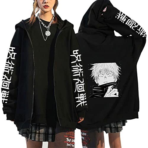 PERSIMONE Japanischer Anime Jujutsu Kaisen Zip Up Hoodie Cartoon Gojo Satoru Grafik Bedruckt Streetwear Harajuku Unisex Reißverschluss Sweatshirt Jacke von PERSIMONE