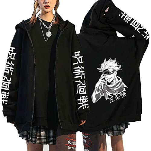 PERSIMONE Japanischer Anime Jujutsu Kaisen Zip Up Hoodie Cartoon Gojo Satoru Grafik Bedruckt Streetwear Harajuku Unisex Reißverschluss Sweatshirt Jacke von PERSIMONE