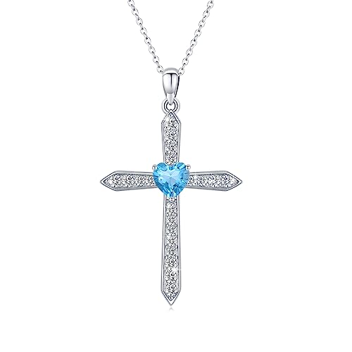 PERZAT Kreuz Kette Damen 925 Sterling SilberGeburtsstein Kette Anhänger mit Herz Schmuck Marsch Geburtsmonate Jahrestag Geburtstag Frauen Mutter Freundin Mama (mit Geschenkbox) von PERZAT