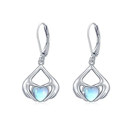 PERZAT Mondstein Ohrringe 925 Sterling Silber Hug Hand Ohrringe Hängend Leverback Ohrringe Hypoallergener Mondstein Schmuck Geschenke für Frauen Mädchen Freundin von PERZAT