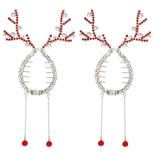 PERZOE Rentier-Pferdeschwanz-Clip, 2 Stück, Weihnachts-Rentier-Haarnadel mit Kunstperlen, glänzenden Strasssteinen, festlicher Haarschmuck Rot 2pcs von PERZOE
