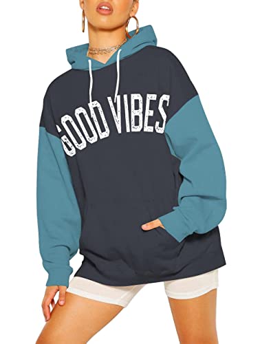 Damen Pullover Hoodies Oversized Good Vibes Graphic Color Block Sweatshirts mit Taschen, Dunkelgrau + Seeblau, Large von PESION