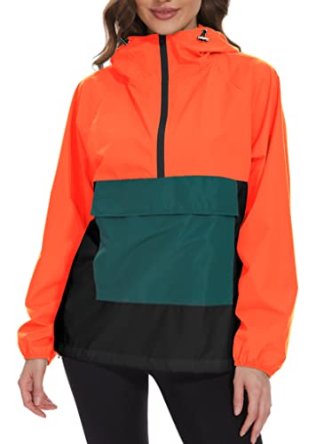 Damen Wasserdichter Regenmantel Leichte Regenjacke Kapuze Windbreaker mit Taschen für Outdoor, Orange, X-Large von PESION