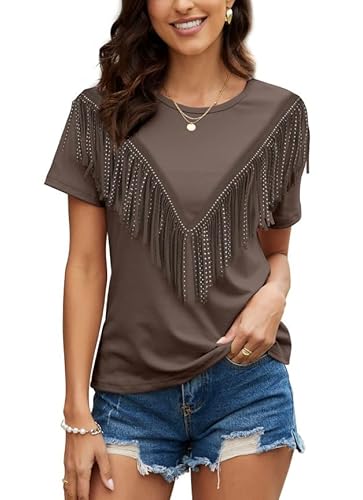 PESION Damen Fransen Trim Shirts Kurzarm Quaste Trim Bluse T-Shirt Tops, Kaffee, 3X-Groß von PESION