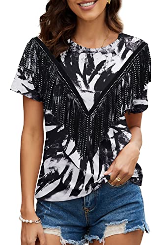 PESION Damen Fransen Trim Shirts Kurzarm Quaste Trim Bluse T-Shirt Tops, Schwarz+ Weiß, XX-Large von PESION