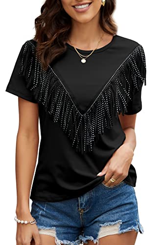 PESION Damen Fransen Trim Shirts Kurzarm Quaste Trim Bluse T-Shirt Tops, Schwarz, 3X-Groß von PESION