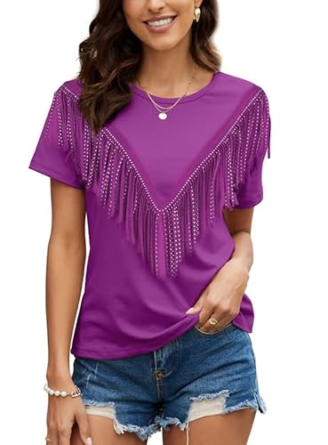 PESION Damen Fransen Trim Shirts Kurzarm Quaste Trim Bluse T-Shirt Tops, Violett, XX-Large von PESION