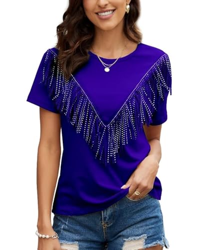 PESION Damen Fransenbesatz Shirts Kurzarm Quaste Trim Bluse T-Shirt Tops, Blau, 4X-Groß von PESION