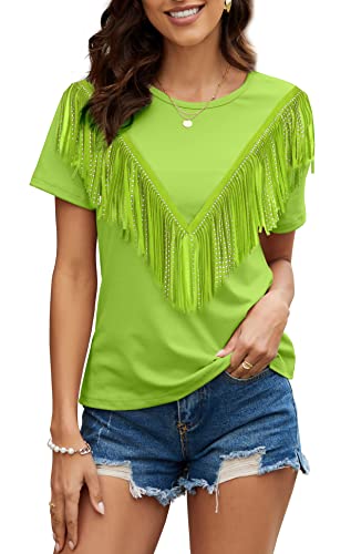 PESION Damen Fransenbesatz Shirts Kurzarm Quaste Trim Bluse T-Shirt Tops, neon green, 4X-Groß von PESION