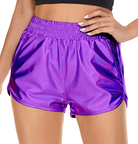 PESION Damen Metallic Glänzende Shorts Sparkly Rave Hot Short Pants, Violett Metallic, Mittel von PESION