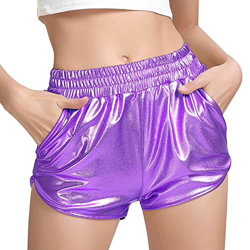 PESION Damen Metallic Shiny Shorts Sparkly Rave Hot Short Pants, hellviolett, Groß von PESION