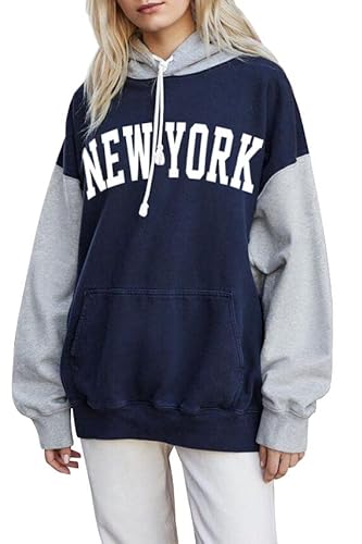 PESION Damen Pullover Hoodies Oversized Graphic Color Block Neuheit Hoodie Sweatshirts mit Taschen, Blau + New York, XL von PESION