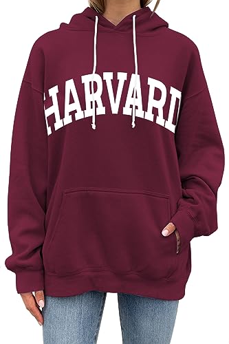 PESION Damen Pullover Hoodies Oversized Graphic Color Block Neuheit Hoodie Sweatshirts mit Taschen, Burgund+ Harvard, S von PESION