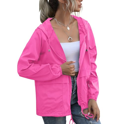PESION Damen Regenmantel Wasserdicht Leichte Regenjacke Kapuze Windbreaker mit Tasche für Outdoor, Rosa mit Futter, XL von PESION