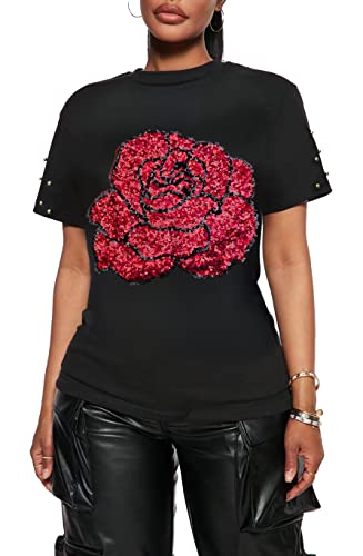 PESION Damen-T-Shirt, kurzärmelig, Pailletten, Rundhalsausschnitt, lustige Grafik, Schwarz + rote Rose, Groß von PESION