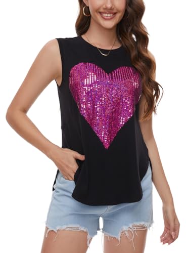 PESION Damen-Tanktop mit glitzernden Pailletten, Herz, lockere Passform, einfaches Y2K-Ausgehen, Sommer-Hemd, ärmelloses Shirt für Damen 2024, Schwarz und rosa Herz, 3X-Groß von PESION