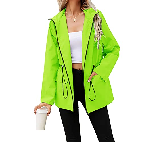 PESION Damen Wasserdicht Regenmantel Leichte Regenjacke Kapuze Windbreaker mit Tasche für Outdoor, 02-neongrün, XL von PESION