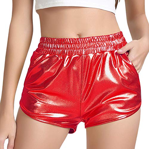 PESION Damen kurze Hose, metallisch glänzend, glitzernd, kurze Hose - Rot - Mittel von PESION