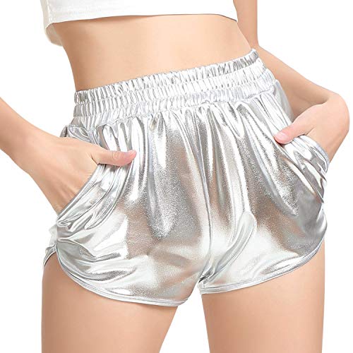 PESION Damen metallic Shiny Shorts Sparkly Rave hot Kurze Hosen Medium Silber von PESION