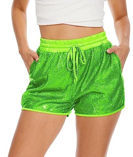 PESION Pailletten Rave Shorts für Frauen Hohe Taille Casual Lose A Linie Hot Pants Sparkly Clubwear Night-Out Shorts, neon green, XX-Large von PESION