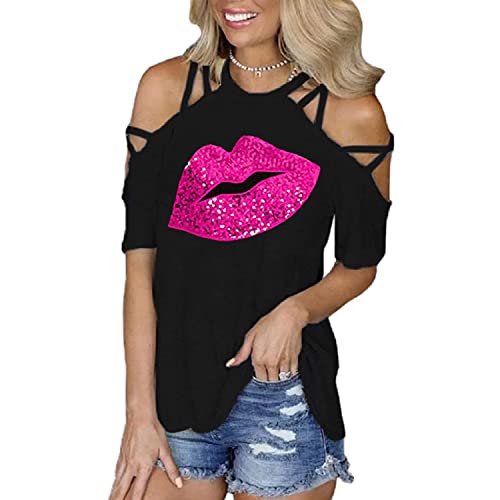 PESION Schulterfreie Damen-Tops, sexy, glänzend, lang/kurze Ärmel, modische grafische T-Shirts, Blusen, B - Schwarz + Pink Lip, Mittel von PESION