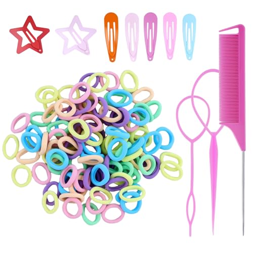 113 Stück Soft Loom Bands Haargummis Mädchen,Mini Bunte zopfgummis Kinder kleine Elastische Scrunchies mit Haarspangen,Stielkamm,Flechthilfe Haare,Pins für Baby Kinder Mädchen von PETERMALLON