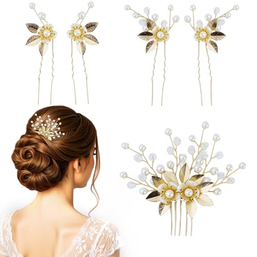 5 Stück Braut Haarnadeln Goldene Blätter Kristall Perlen Vintage Kopfstück Hochzeit Haaraccessoires Schmuck mit Strass für Bräute Brautjungfern Blumenmädchen von PETERMALLON