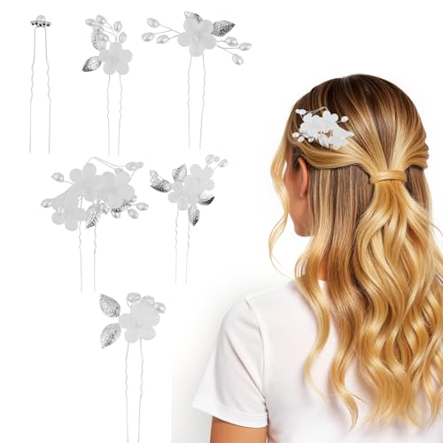 5 Stück U-förmige Haarnadeln Kopfbedeckung mit 5 Perlen Strass Haarnadeln,Silber Blume Braut Haarspangen,U-förmig Hochzeit Haarspangen,Brautschmuck Haare für Frauen Mädchen von PETERMALLON