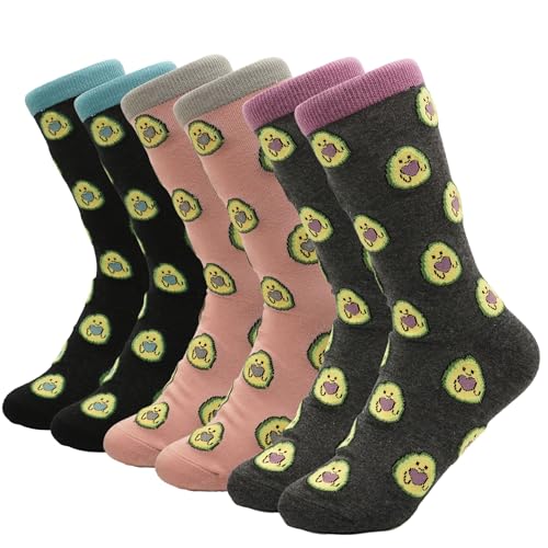 PETIBU Lustige Damensocken, Damen-Socken, Fantasie-Socken, Avocado-Socken, Damensocken aus Baumwolle, Packung mit 3 Avocadosen: Grau - Rosa - Schwarz, 35-40 von PETIBU