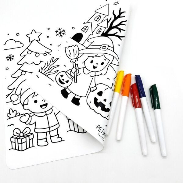 PETIKIDS Ausmalbares Tischset aus Silikon – 2 Seiten – Lernspielzeug, Frühförderung, umweltfreundlich, Montessori, Spielzeug für unterwegs von PETIKIDS