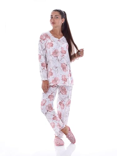 PETKOV Luxus-Pyjama für Damen, Rosenmuster, Bequeme Zweiteilige Nachtwäsche, Pyjama-Oberteil mit V-Ausschnitt, Satinband (DE/NL/SE/PL, Alphanumerisch, XL, Regular, Regular, Weißes Muster mit Rosen1) von PETKOV