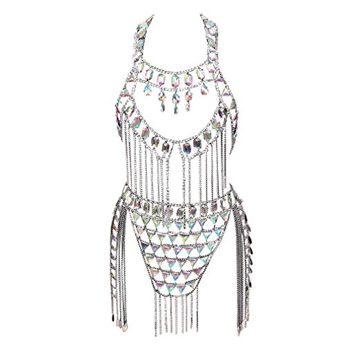 Damen Acryl Körper Kette Schmuck Harness Bikini durchbrochener Schulter Halskette Quaste Crossover Bauch Retro Nachtclub Edc Club Party Halloween Rave Kostüm (Silber SL0033) von PETMHS
