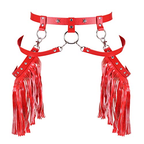 Damen Leder-Body-Harness Hosenträger Punk Leder Rock Rave Body Harness Dessous Quaste mit Fransen einstellen Käfig Taille Gürtel EDC Halloween Festival Kostüm (Rot) von PETM·HS