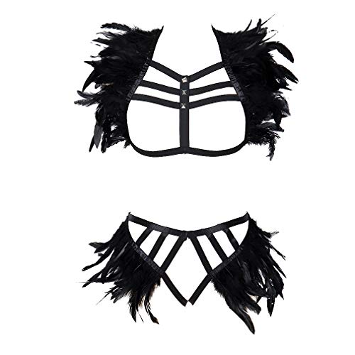 Damen Feder BH Satz Full Body Harness Straps Elastic Brust Geschirre Epaulette Flügel Strumpfband Punk-Gothic-Style (Schwarz 712+L63) von PETMHS