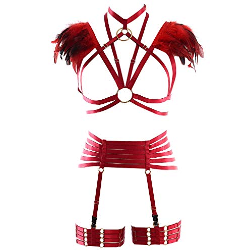 Damen Feder BH Satz Full Body Harness Straps Elastic Brust Geschirre Epaulette Flügel Strumpfband Punk-Gothic-Style (Weinrot) von PETMHS