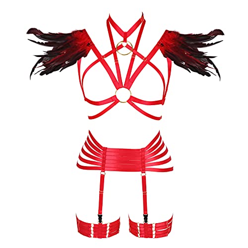 Damen Feder Körper Brustgeschirr Engelsflügel Punk Strappy Tops Epaulet Rave Taille Strumpfband Gürtel Übergröße Halloween Kleidung, Rot lang, Einheitsgröße von PETMHS