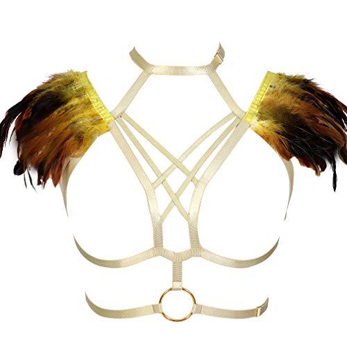 Damen Federn Riemchen Schulterklappe Wing Punk Rave Burning Man Frauen Feather Einstellbare Body Harness BH Stil Dessous Sling Schal Shrug Karosserie Geschirr (Gelb) von PETMHS