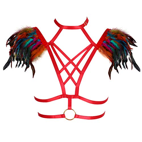 Damen Federn Riemchen Schulterklappe Wing Punk Rave Burning Man Frauen Feather Einstellbare Body Harness BH Stil Dessous Sling Schal Shrug Karosserie Geschirr (Mehrfarbig) von PETMHS